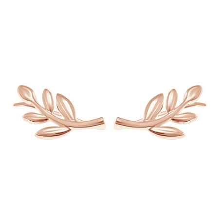 Sterling Silver Leaf Design Earrings - Tiny Olive Leaf Ear Crawler Climber Earrings In Rose Gold Over Sterling Silver
