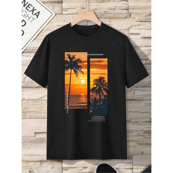【New Arrival】The Sun Goes Down Sunset Palm Tree Beach Landscape Graphic T-Shirt, Unisex Cotton Crew Neck Vintage Summer Vacation Casual Tee, Tropical Travel Gift