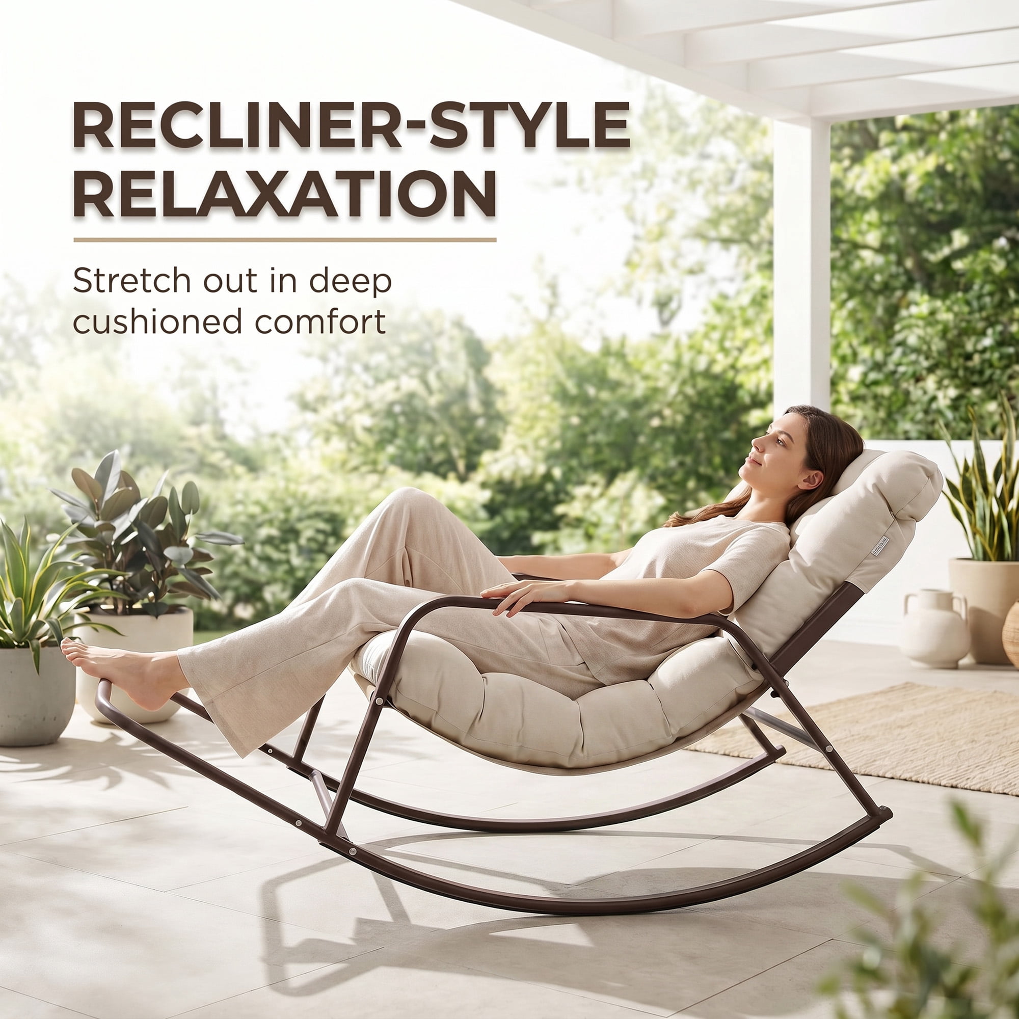 RADIATA Oversize Rocking Chair with Cushion & Footrest, Indoor Outdoor Rocking Chair Recliner, 430 lbs Capacity, Beige