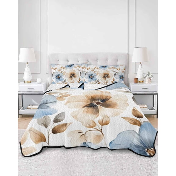 Quilts Queen Size, Blue Brown Spring Floral Soft Comforter Bedding Set for Bed, Summer Botanical Watercolor Lightweight Quilted Bedspread with Pillow Cover(2 Pieces) for All Season, 90x96 Inch