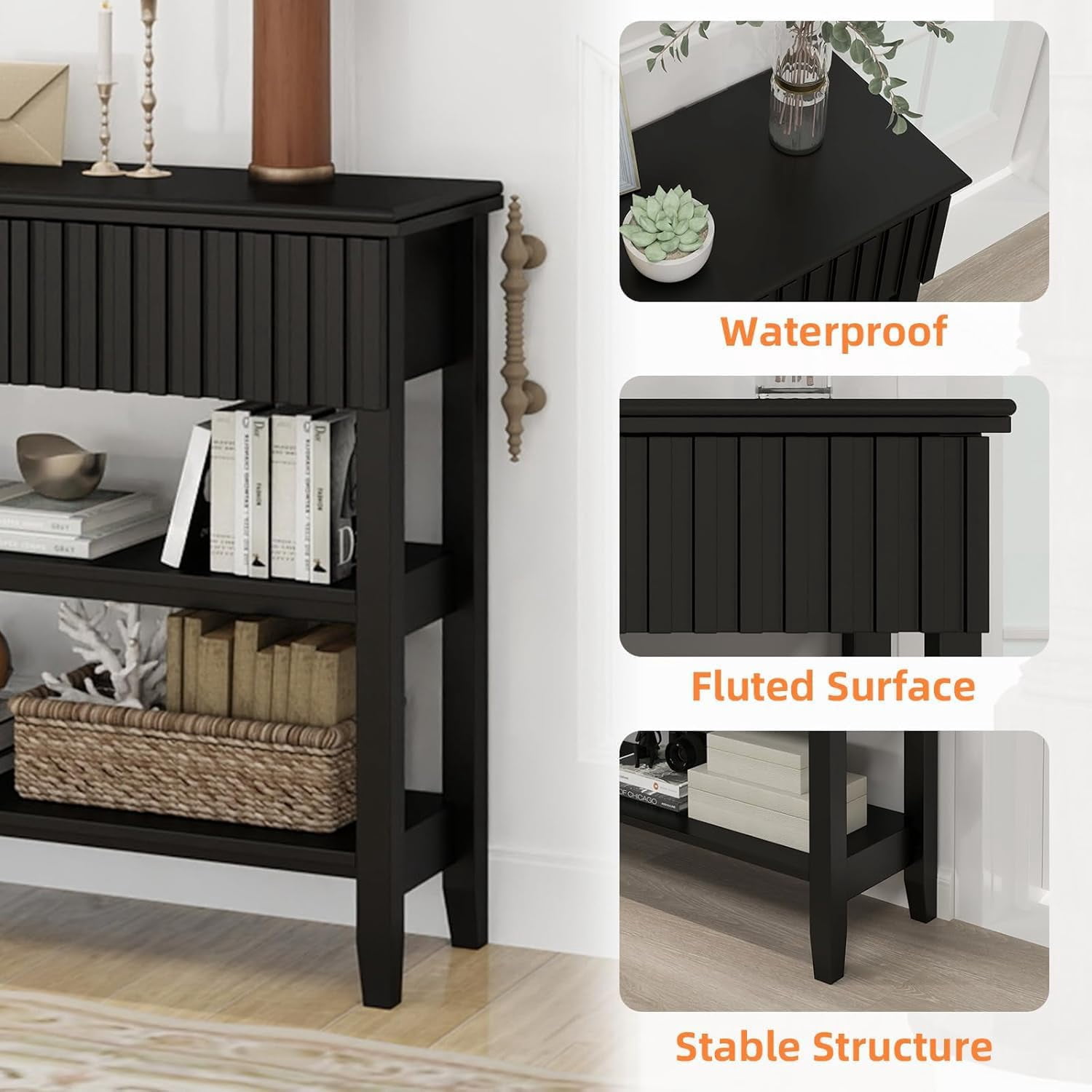 LAZZO Modern Fluted Console Table, Narrow Long Behind Couch Sofa Entryway Table with 3 Drawers & 2-Tier Open Shelf, Black