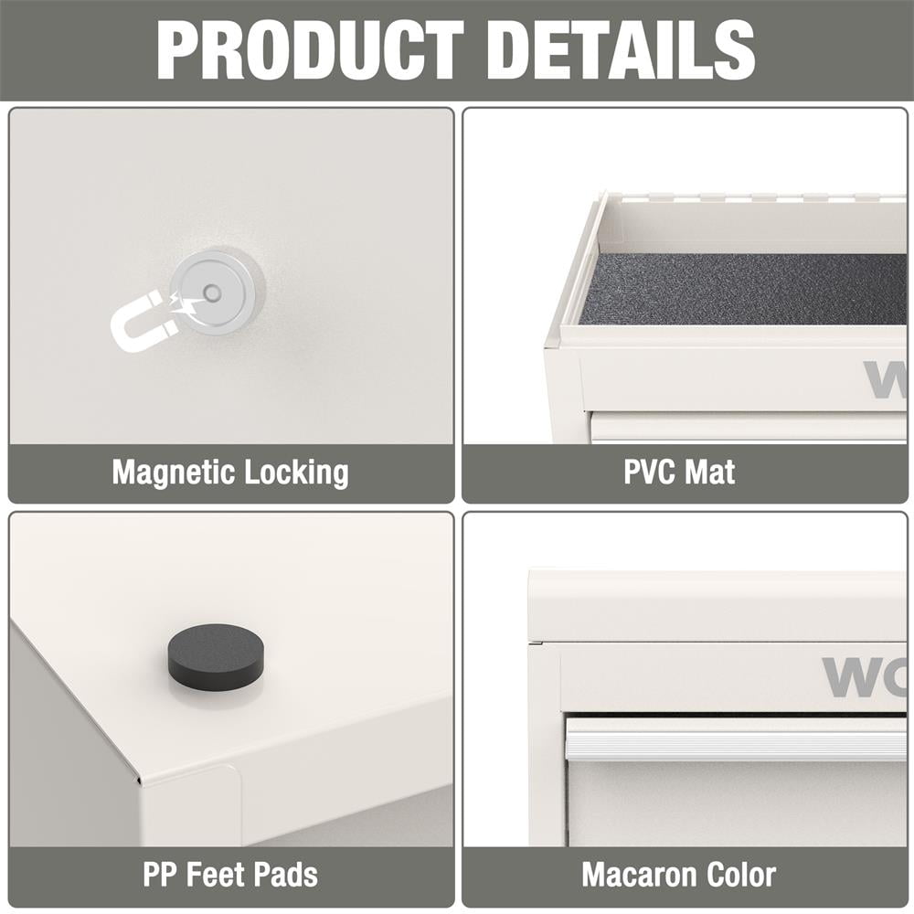WORKPRO Mini Metal Tool Box with 2 Drawers and Top Storage, Small Tool Chest with PVC Liners and PP Feet Pads, Cold Rolled Steel Toolbox with Magnetic Tab,White
