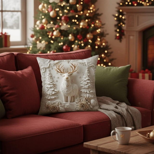 Festive Holiday Pillow Cover with Santa Reindeer Snowman and Tree Designs
