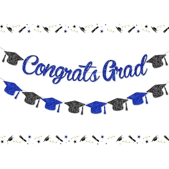 Graduation Party Decorations Congrats Grad 2026 Navy blue Black Glitter Banner, Cap Bunting Garland Sign for Kindergarten Primary Seniors High School College University Class of 2026 Supplies
