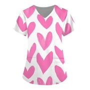 tklpehg Womens Summer Tops Short Sleeve Scrubs Tops Clearance Fashion Heart Graphic Leisure Loose Fit Lightweight Blouse V-Neck Working Unifor m T Shirts Shirt Hot Pink 8(L)