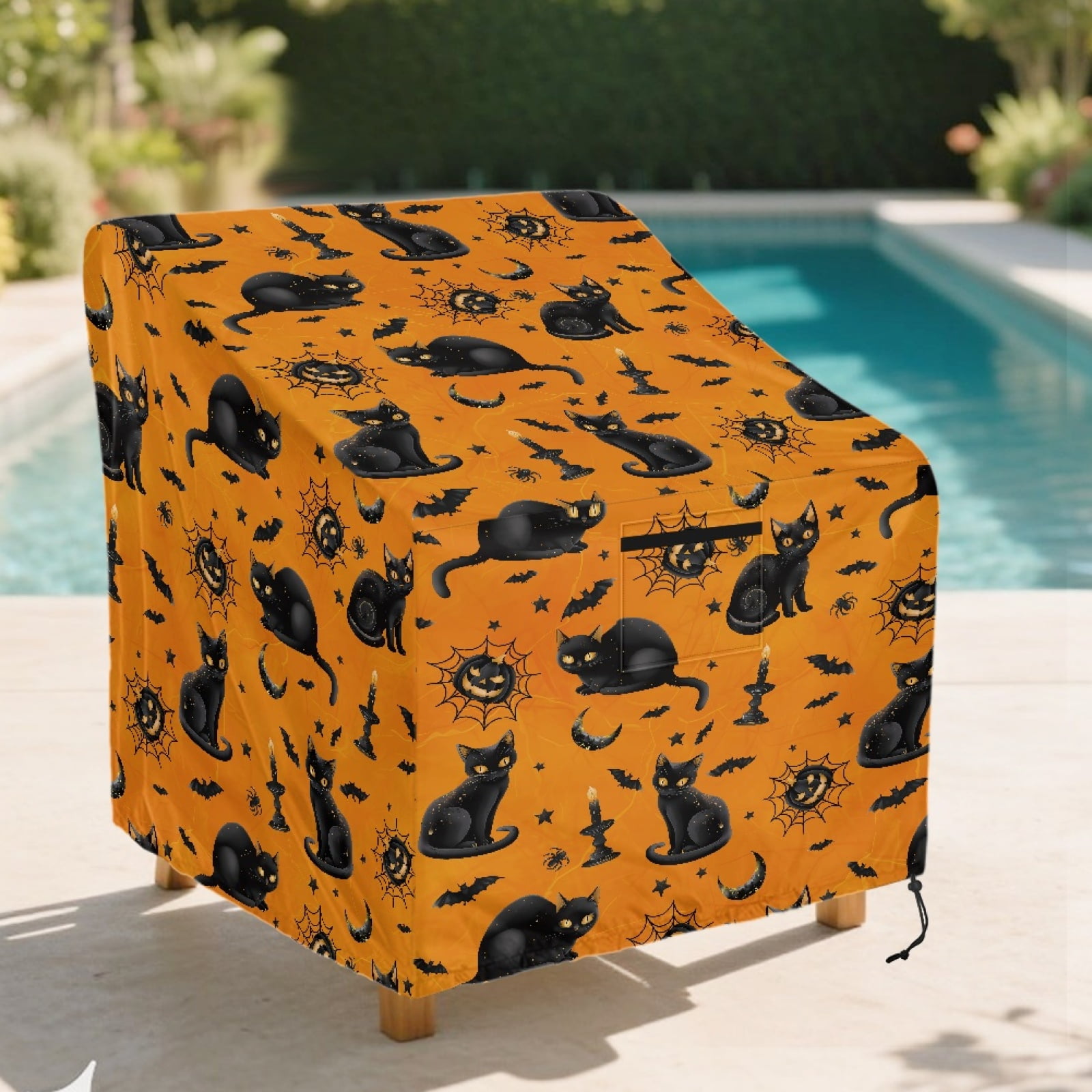 Renewold Waterproof Outdoor Chair Covers UV Resistant Patio Adirondack Rocking Chair Covers Recliner Chair Protector Halloween Decor Fits up to 32W x 35D x 36H Inches, Black Cat Pumpkin Orange