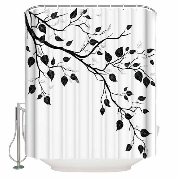 Extra Long Shower Curtain 72x84 Inch, Black White Leaves Shower Curtain Waterproof Bathroom Decor Minimalist Natural Trees Watercolor Fabric Bath Curtain Set Accessories with Hooks