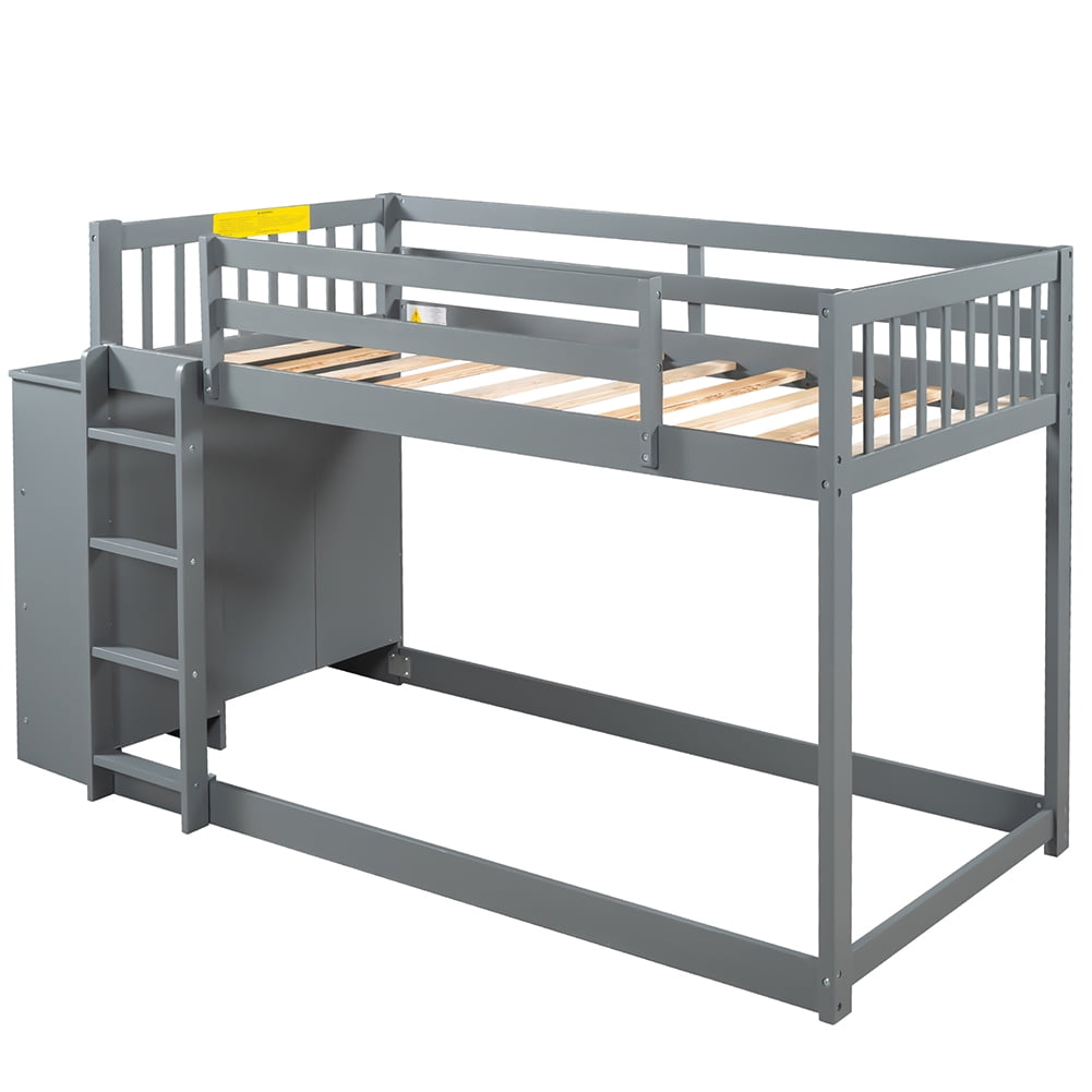 Private Jungle Twin over Twin Bunk Bed with Attached Cabinet and Shelves Storage,Gray