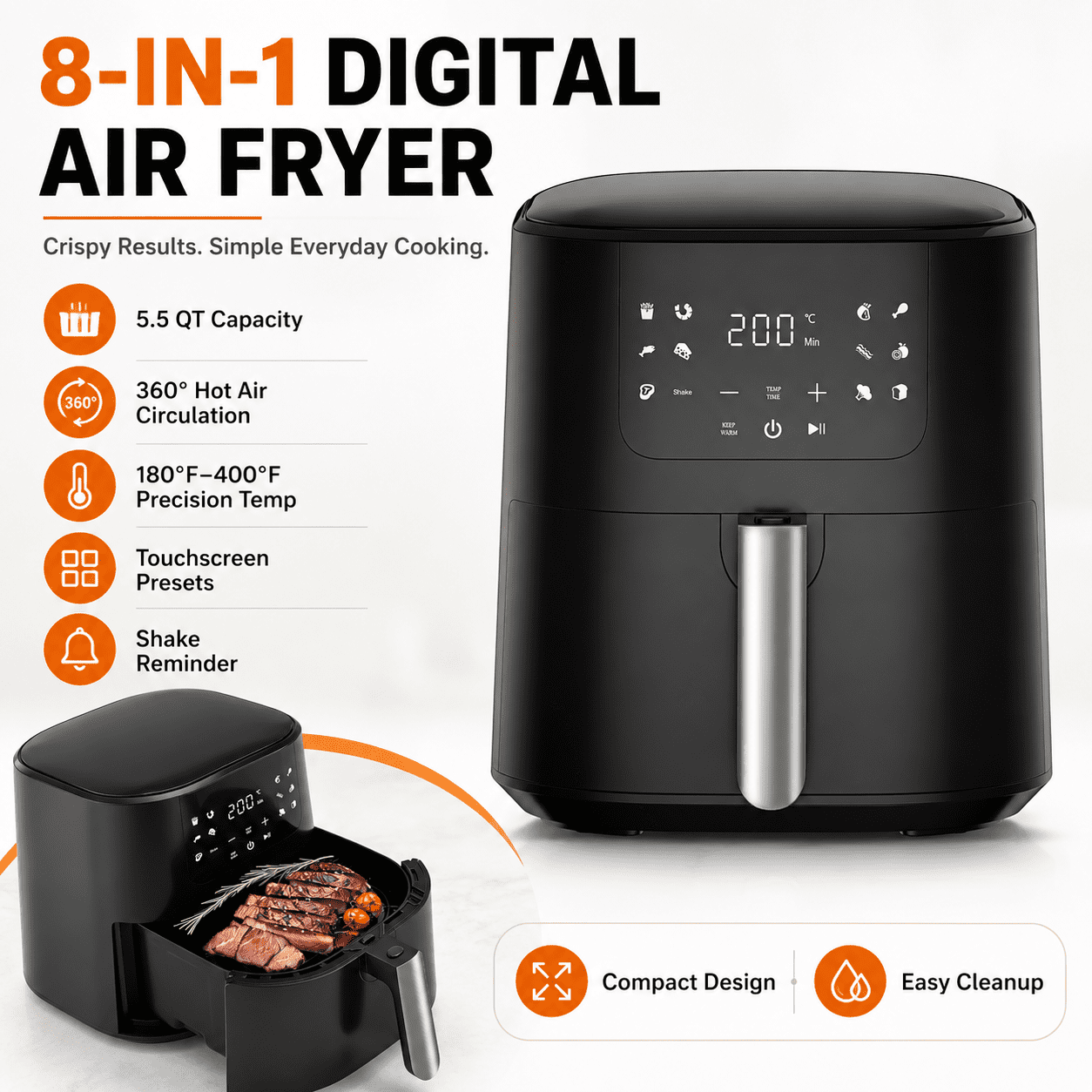 COMHOMA 5.5 QT Air Fryer, 8-in-1 Digital Countertop Air Fryer with Touchscreen, 360° Hot Air Circulation, Shake Reminder, Nonstick Dishwasher-Safe Basket