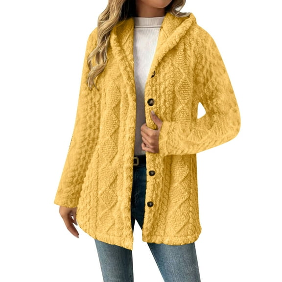 QQAMB Fleece Jacket for Women Winter Warm Button Down Hooded Coat Casual Soft Lightweight Fall Teddy Outerwear Fuzzy Coats Yellow M