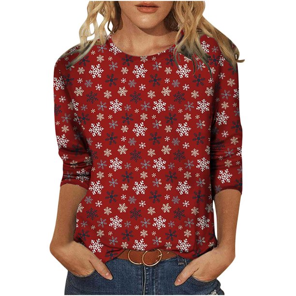 Camiseta de manga larga con cuello redondo y estampado navideño a la moda de verano para mujer Fridja bvmnju3383