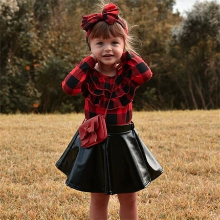 

Hunpta Kids Baby Girls Ruffled Plaid Long Sleeve Tops Blouse T Shirt Solid Leather Skirt With Headbands Outfits 3PCS