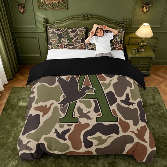 meiyoeat Camouflage Duck Monogram A Bedding For Boys,Hunting Themed Initial Duvet Cover Full,Black Reversible,3 Pieces,1 Duvet Cover and 2 Pillowcases