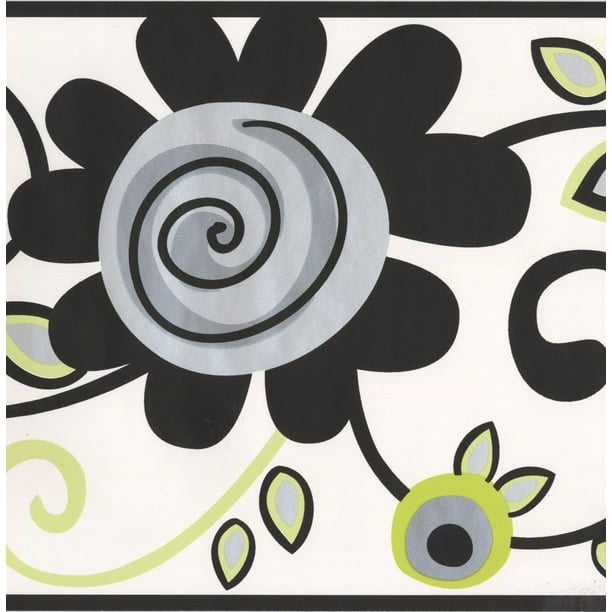 Wallpaper Border Black Grey Green Abstract Flowers on Vine White Wall Border for Kids Teens