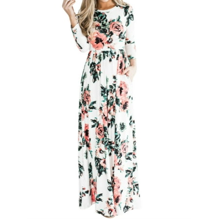 Women Sexy Maxi Dress 3/4 Sleeve Evening Gown Floral Print Dress