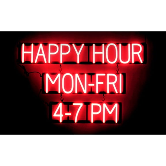 SpellBrite HAPPY HOUR MON-FRI 4-7 PM LED Sign for Business. 38.0" x 23.8" Red HAPPY HOUR MON-FRI 4-7 PM Sign Has Neon Sign Look, LED Light Source. Visible from 500 Feet, 8 Animations.