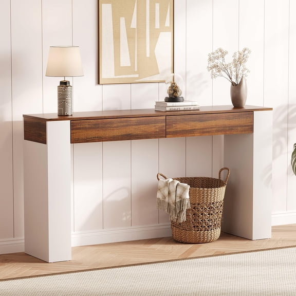 63" Long Console Table with Storage, Wooden Entryway Table with 2 Drawers, Modern Farmhouse Entryway Furniture for Hallway, Foyer, Living Room