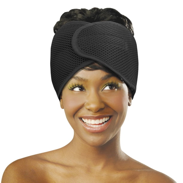 Envoltura de malla de espuma DONNA Deluxe | Diadema tratada con oliva y vitamina E para el cuidado del cabello rizado, lavado facial y maquillaje | 1 unidad de color negro.