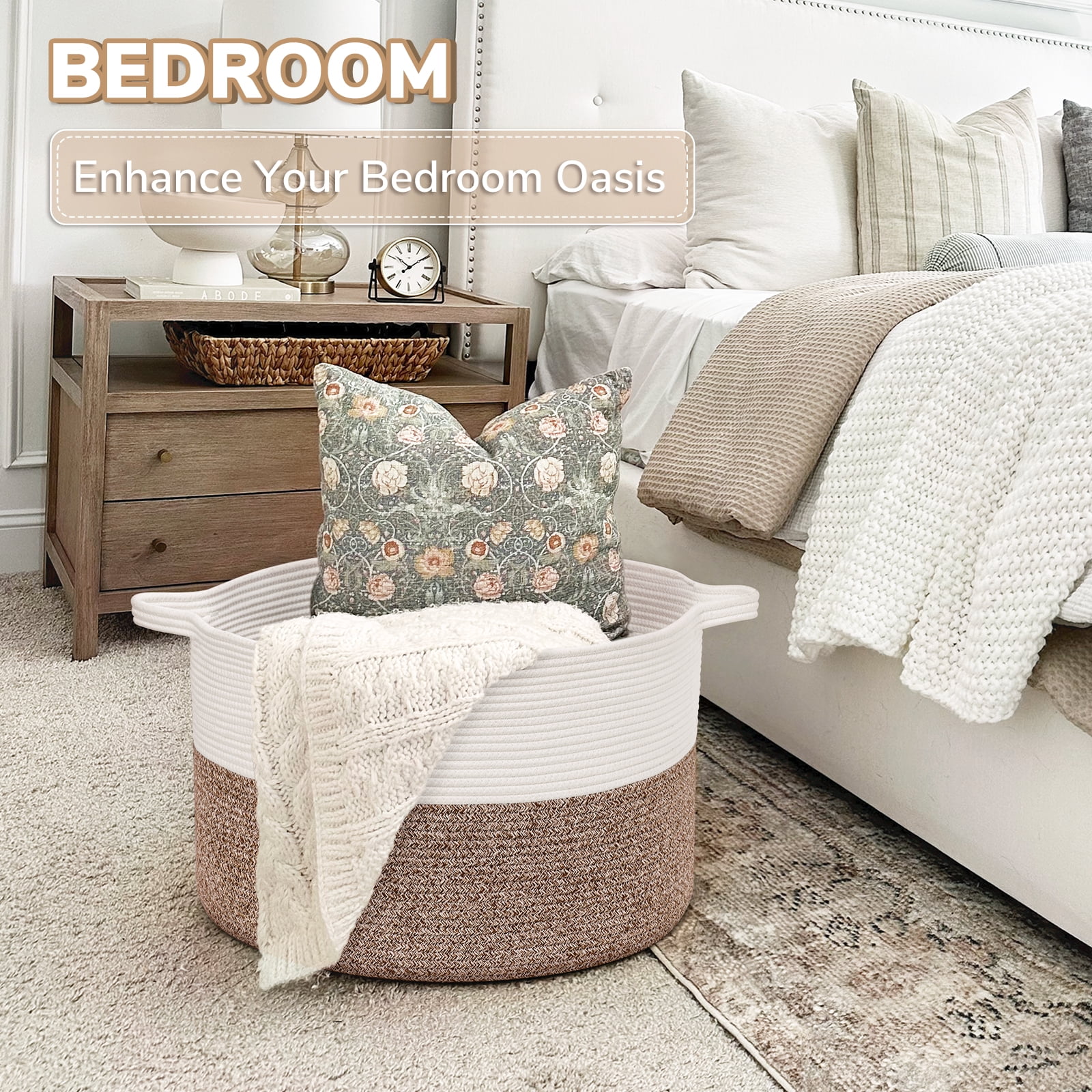Timeyard Large Woven Laundry Hamper Basket - Decorative Storage Organizer for Living Room, Holds Toys Pillows Blankets Clothes - 21.7" x 21.7" x 13.8"-Brown