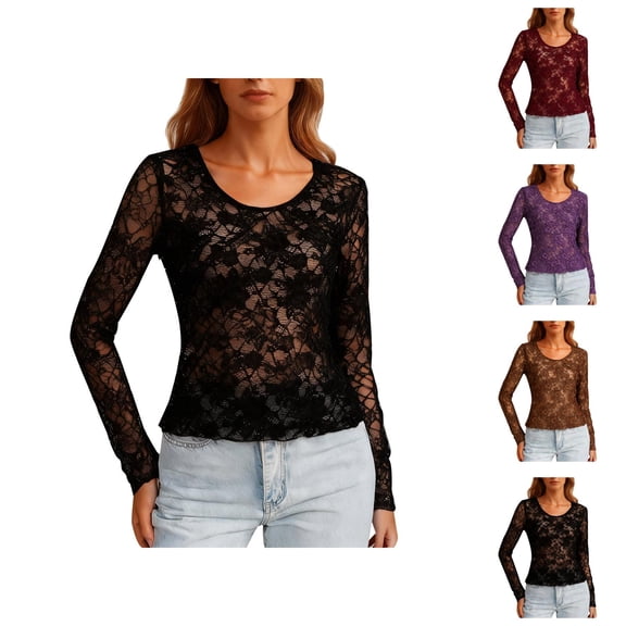Lace Tops for Women Long Sleeve Floral Lace See through Scoop Neck Fitted Shirts Going out Tops 2026 Trendy Y2k Outfits