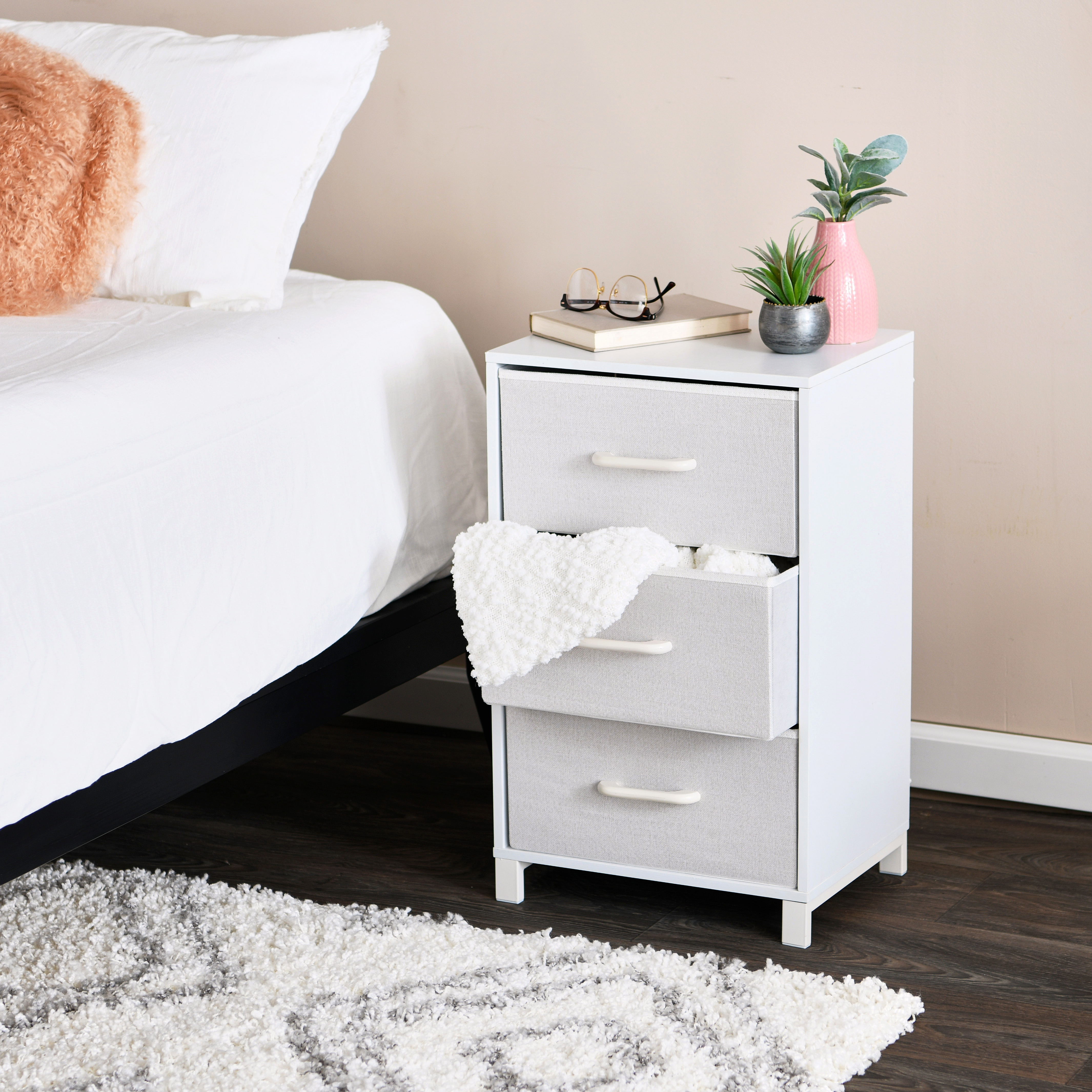 Household Essentials 3 Drawer Dresser, Narrow Storage Chest, Fabric Drawers, Wire Backing and Metal Feet, Plastic Handles, Scandinavian White Laminate