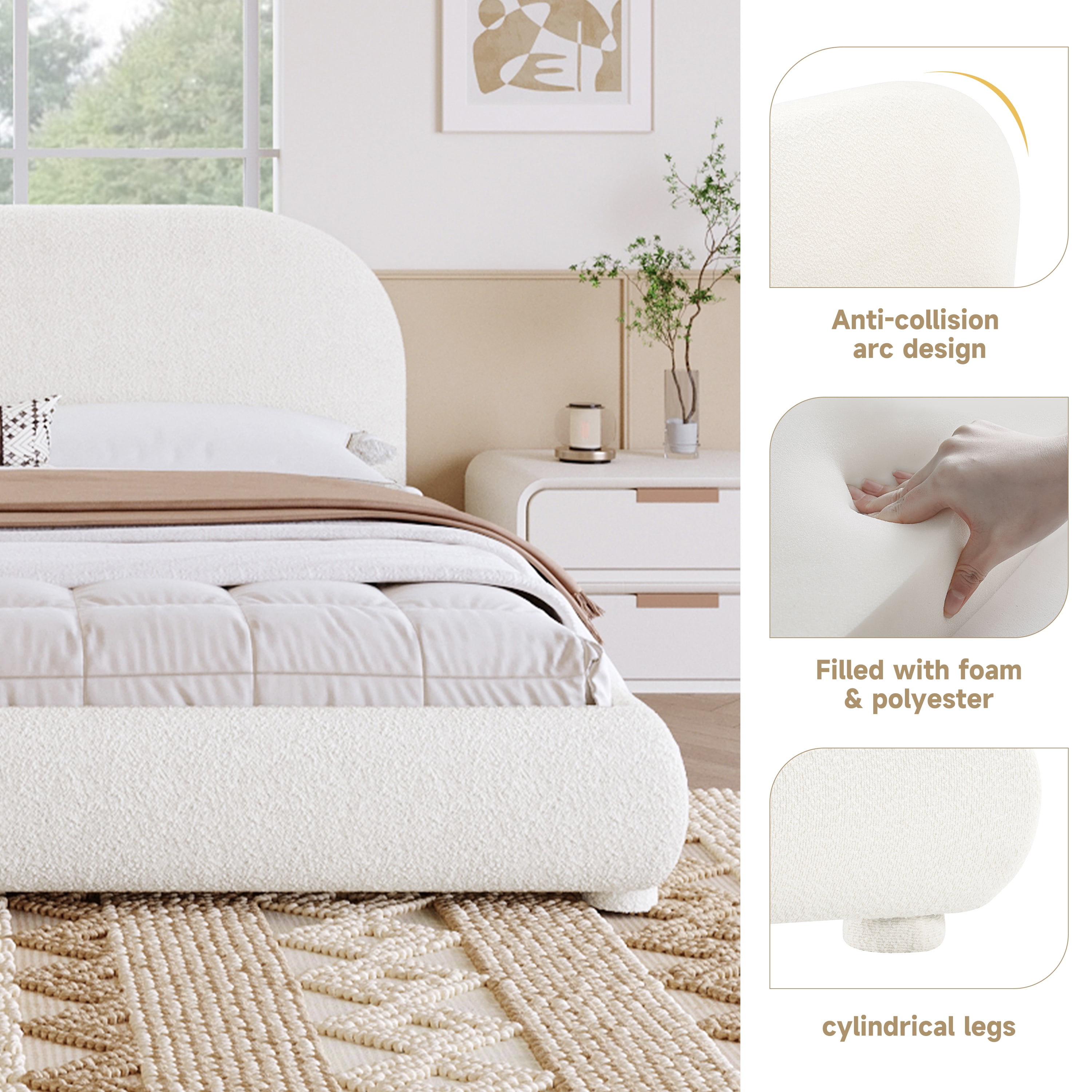 Noble House Queen Cream Style Upholstered Bed,Curved Textured Fabric Headboard with Solid Frame,Creamy White