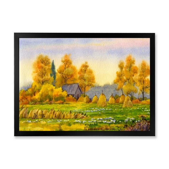 Designart 'Orange Fields With Haystacks II' Lake House Framed Art Print