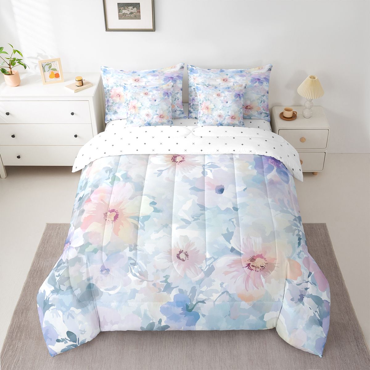 Homewish Graffiti Rustic Floral 7 Pieces Bedding Comforter Set,Spring Natural Theme Full Bedding Set,Blue Flower Fitted Sheet Flat Sheet For Girls Boys,Luxury Bedroom Decor Reversible