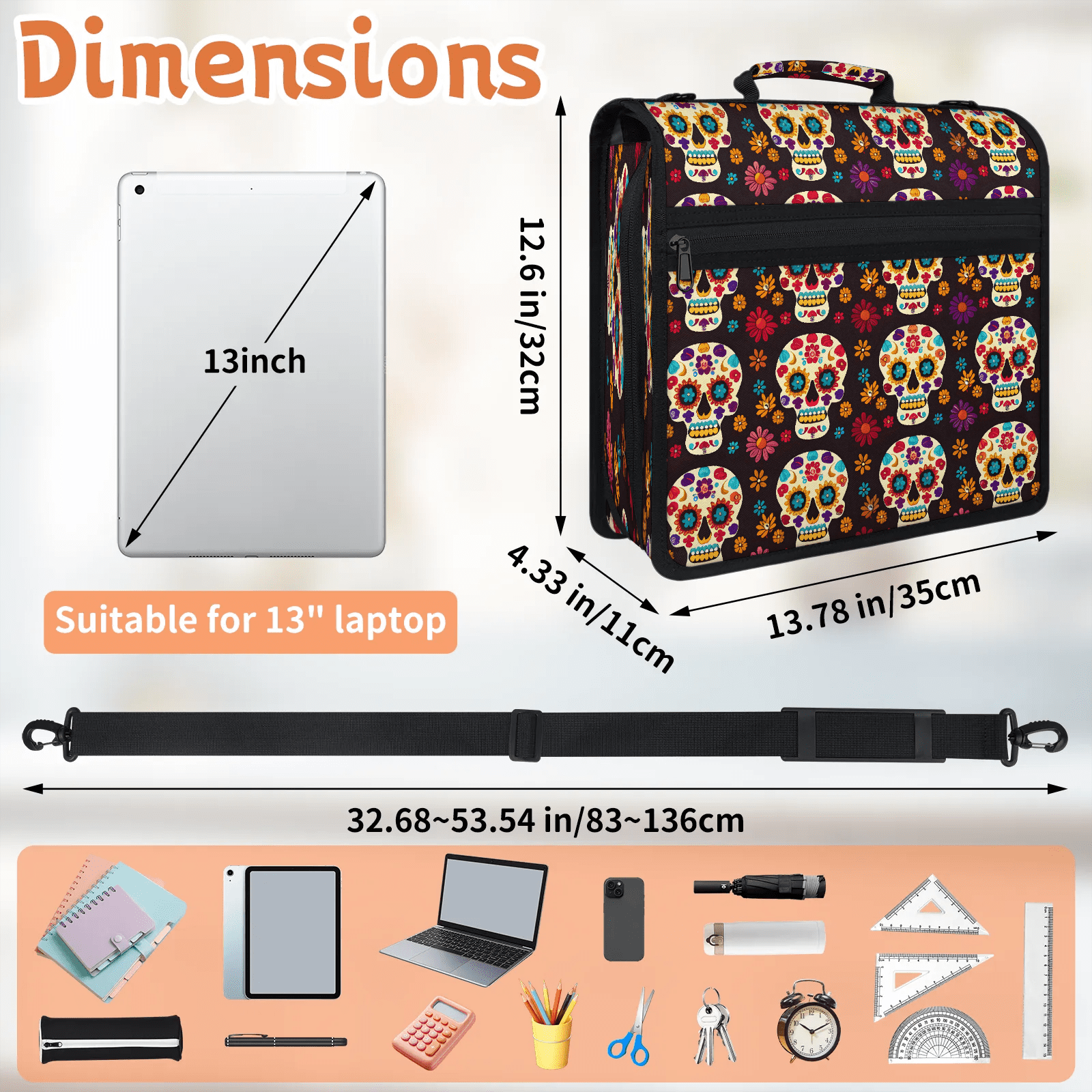 Herdesigns Sugar Skull Day Of The Dead Halloween Zipper Binder with Shoulder Strap, Waterproof 1.5 Inch 3 D-Ring Binder Organizer Bag, Fits 13 Inch Laptop for Work, Skull