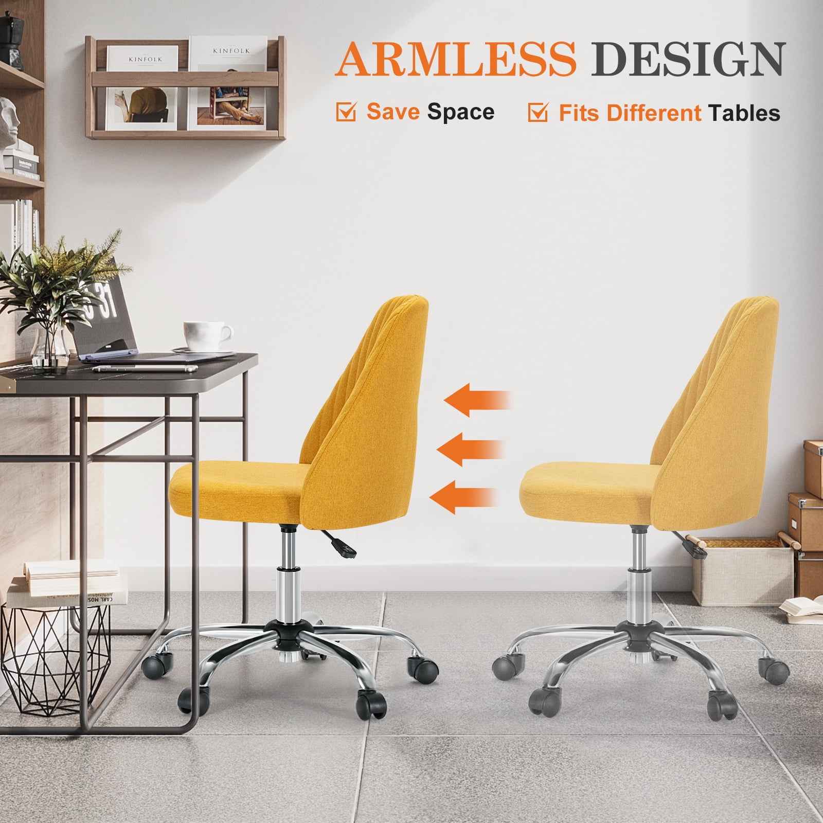 MAYEERTY Armless Office Desk Chair Height Adjustable, Mid Back Accent Chair, Yellow