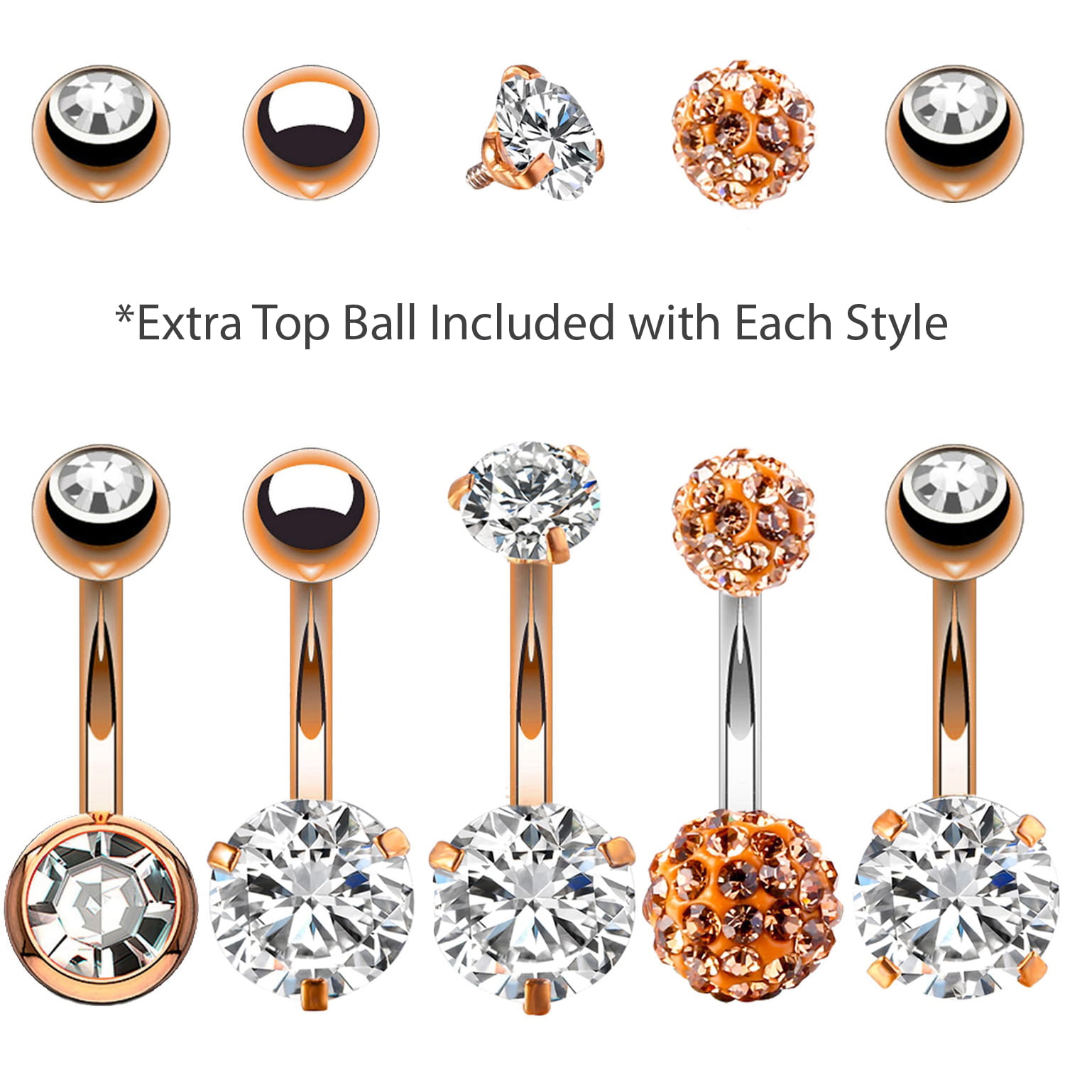 Multiple Sizes 14 GA Rose Gold Cubic Zirconia Gem Prong Sparkle Belly Button Ring 316L Surgical Stainless Steel Body Piercing Jewelry Davana Enterprises