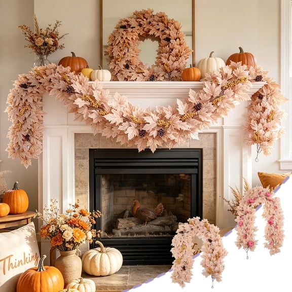 Sahpxhe Fall Garland Halloween Decorations,78.74in White Maple Leaf and Yellow Berries Simulated Vine Garland with Hook,Fall Thanksgiving Harvest Decoration White