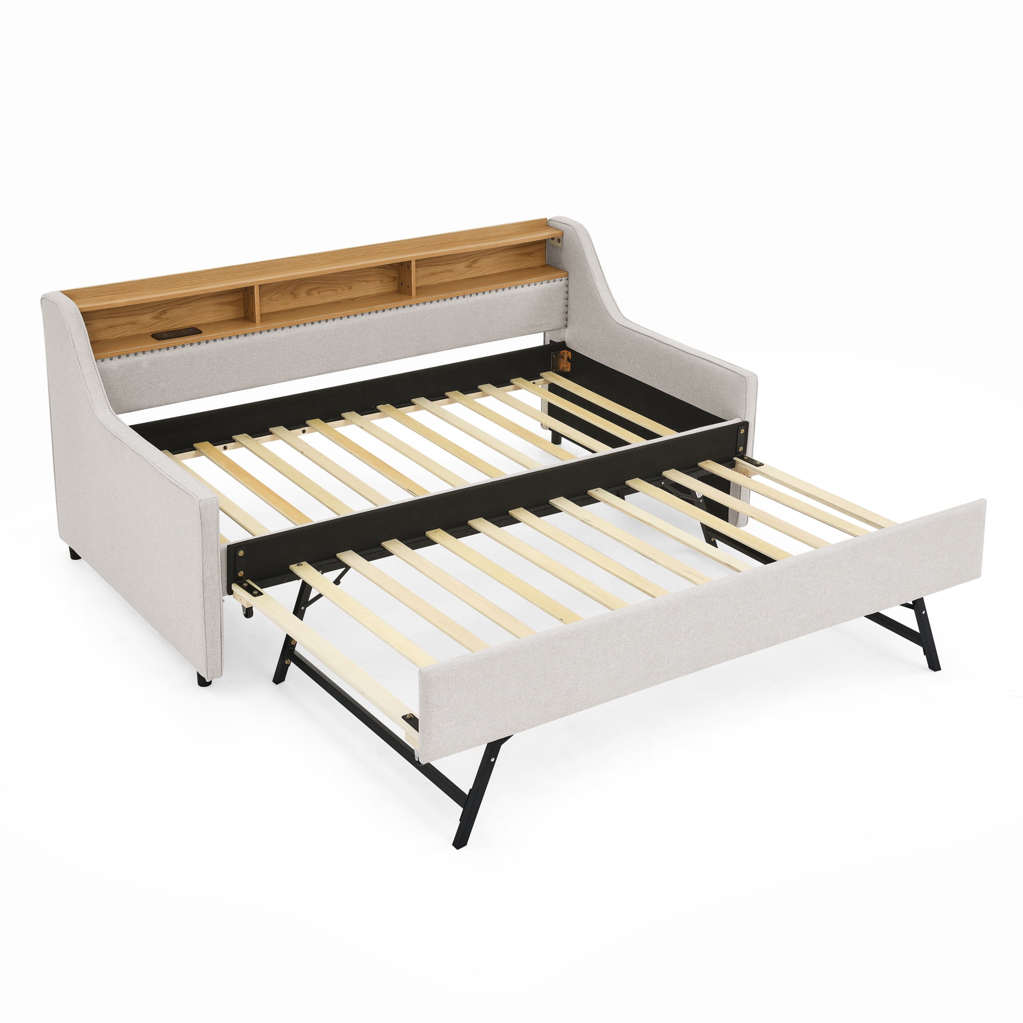 Leumius Twin Size Upholstered Daybed with Trundle,Comfy Sofa Bed with LED Lights,Wireless Charging,Storage Adjustable Headboard,Beige