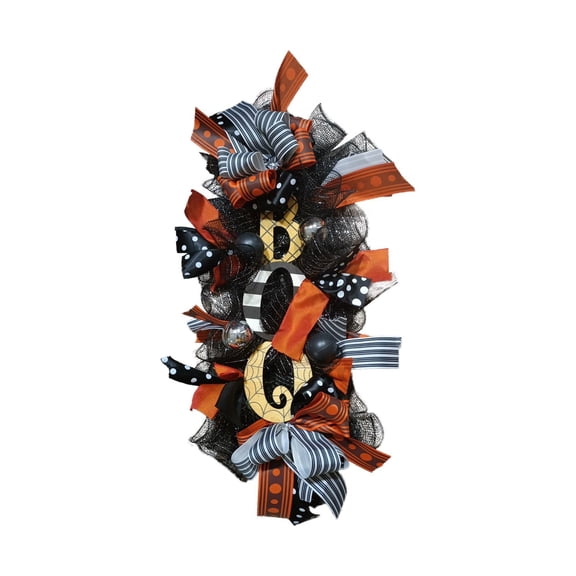 1Pc 19.7" Halloween Teardrop Swag for Front Door, Spooky Boo Sign Mesh Wreath with Ribbons for Holiday Wall Hanging Decor, Black and Orange