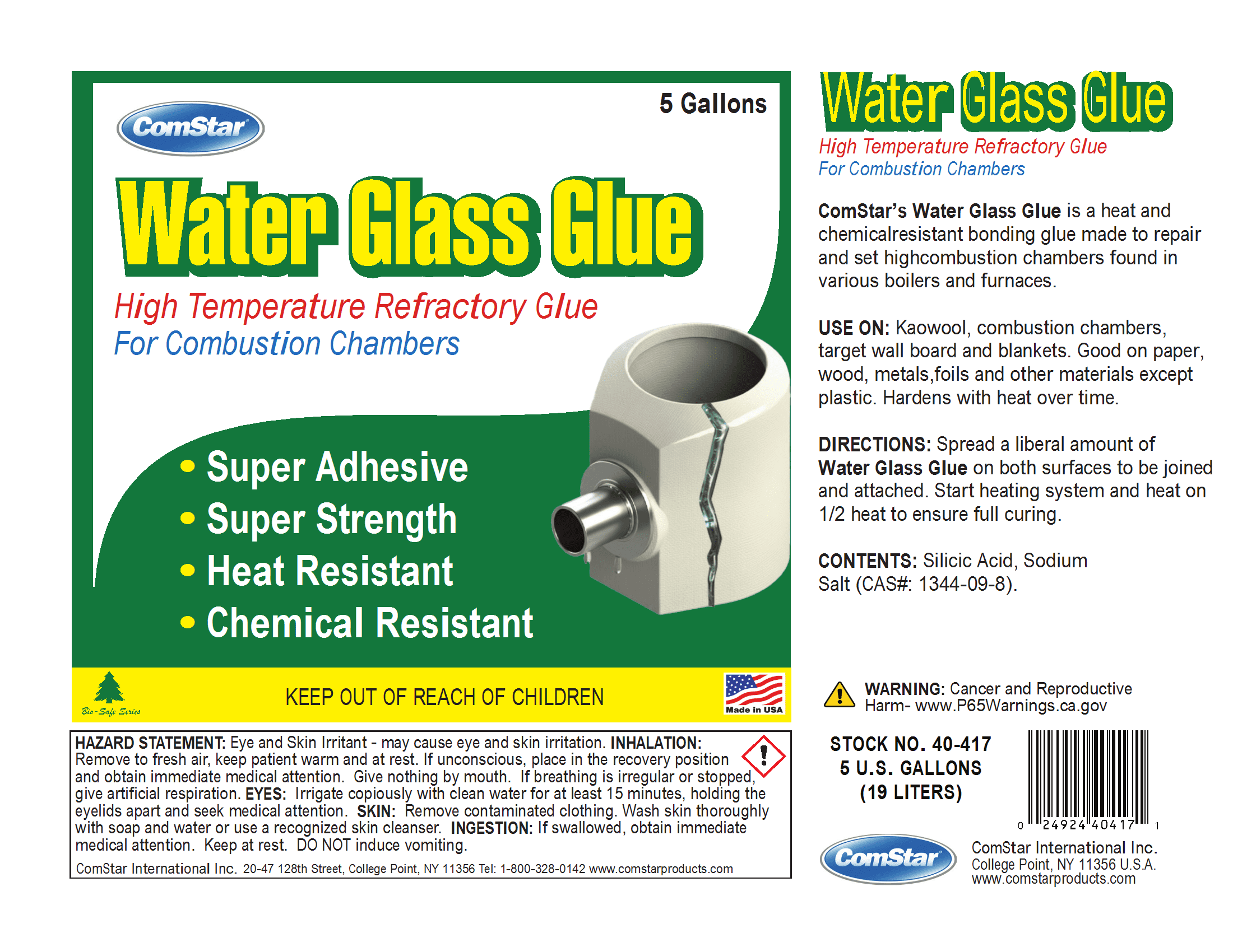 ComStar Water Glass Glue, 5 Gallon, High Temperature Combustion Chamber Glue, Super Strong Adhesive for Boilers & Furnaces, Heat & Chemical Resistant, Repairs & Sets Refractory Chambers (40-417)