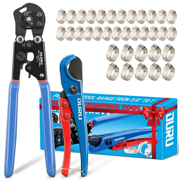 OURU 2 in 1 Ratchet Pex Crimping Tool Cinch and Remove Combo Function Pex Pipe Crimp Tool from 3/8" to 1" Pex Crimper with Pex Cutter and Stainless St