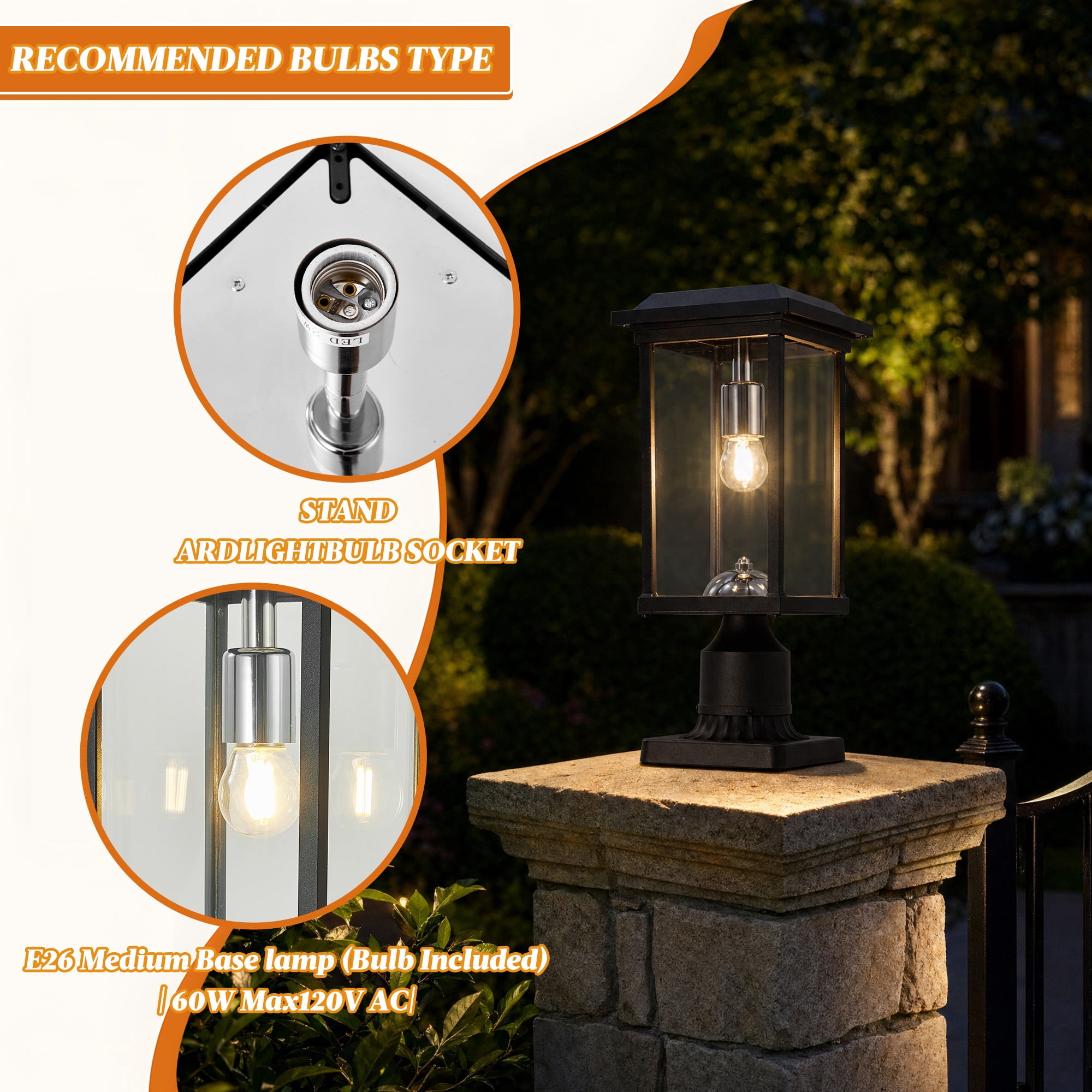 Dusk to Dawn Outdoor Post Light with Pier Mount Base and Glass Panels, Hardwired Aluminum Pole Lamp for Garden, Black