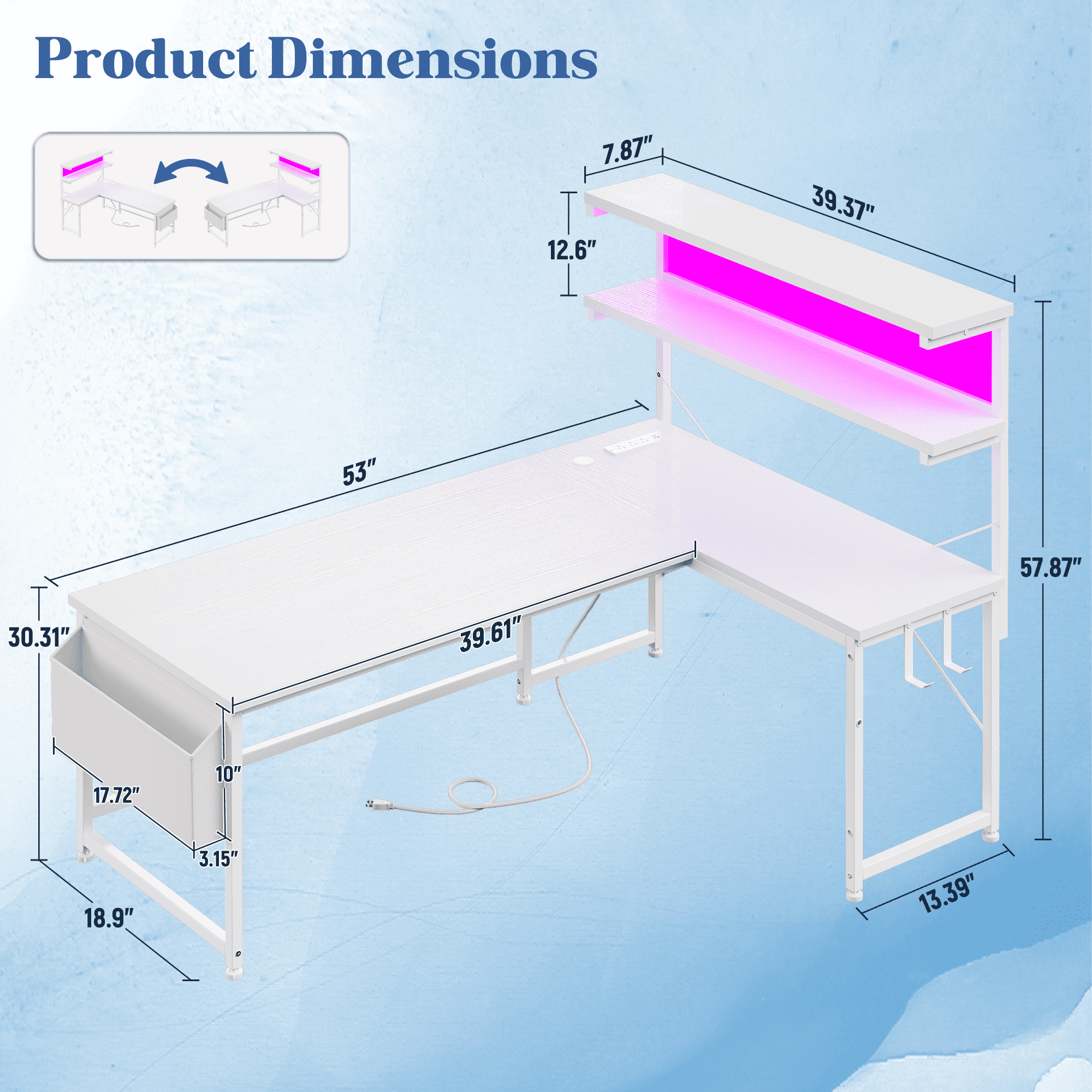 Romorgniz L Shaped Computer Desk with LED Lights & Power Outlet, Reversible 53"W Gaming Desk with Storage Shelf, Side Bag, Hooks for Home Office, White
