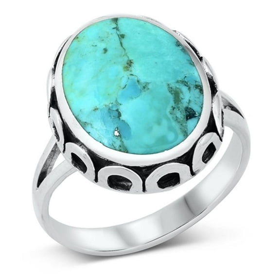 Bali Oval Simulated Turquoise Ring .925 Sterling Silver Band Blue CZ Jewelry Female Size 6