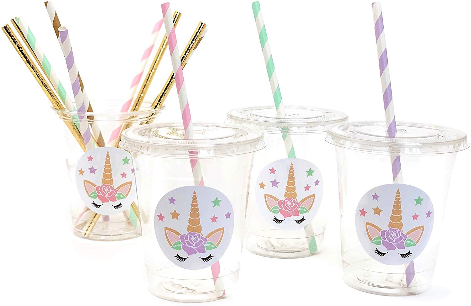 Unicorn Birthday Party Cups 12 oz Disposable Plastic Lids Straws (12