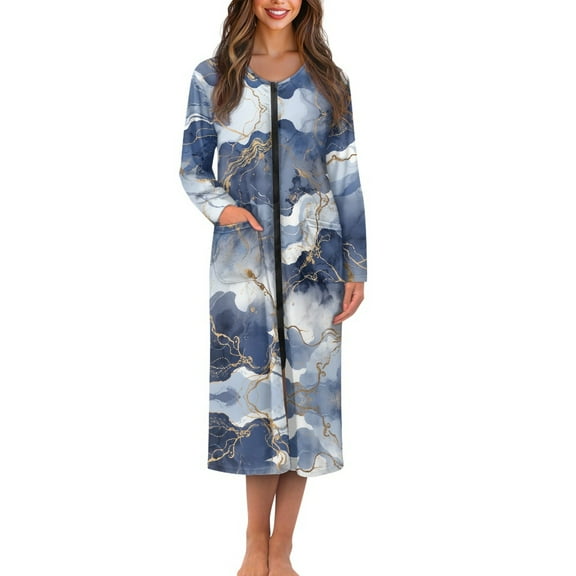 FOR U DESIGNS Blue Gold Marble Print Womens Nightgown Soft House Dresses for Women with Pockets, Lightweight Elastic Fabric Robes for Women Zipper Mumu Dress, S