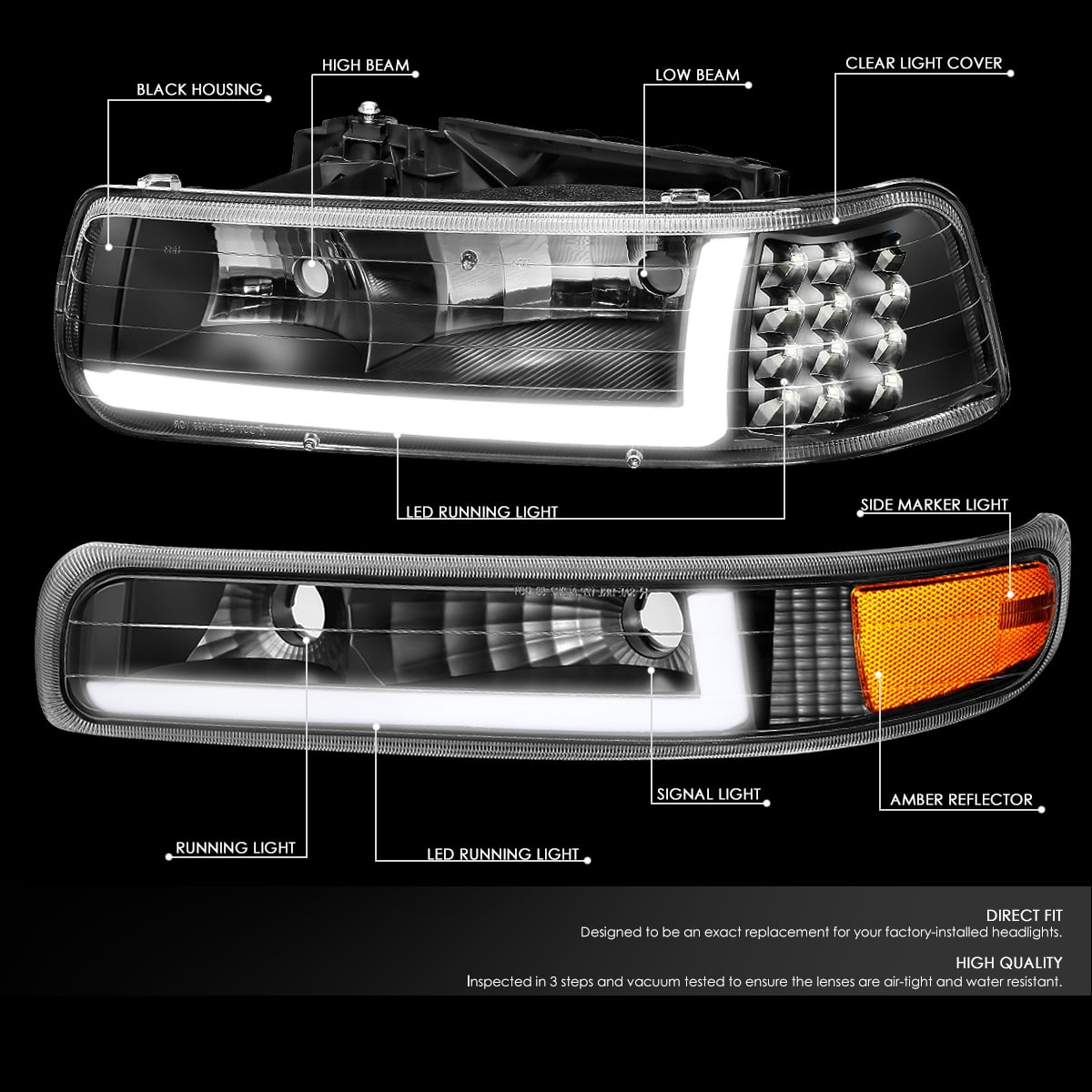DNA Motoring HL-LB-CSIL99-CH-AM Chrome Amber Pair LED DRL Headlight Bumper Lamps Replacement For 99-02 Silverado 
