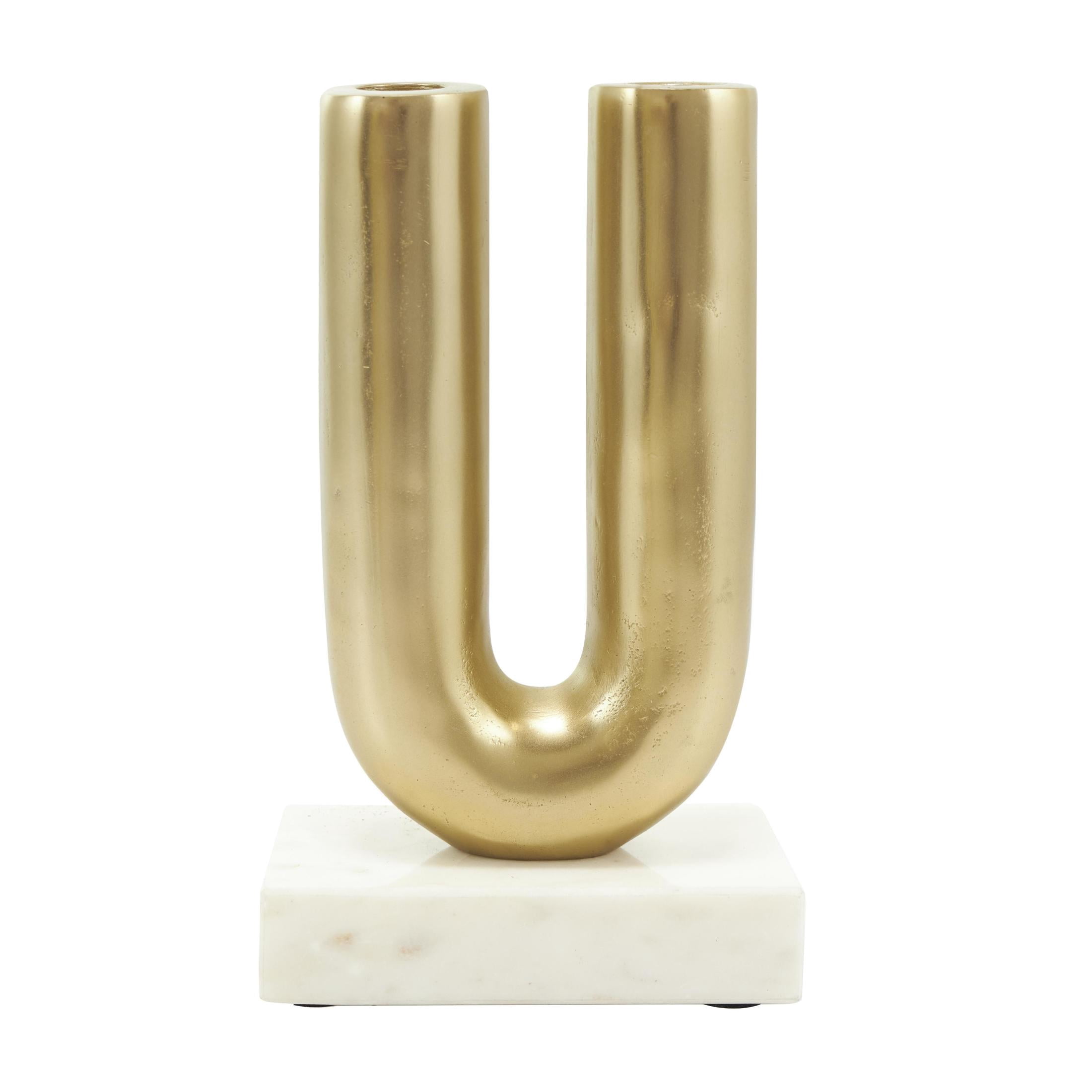 DecMode 4 Candle Gold Aluminum Metal Geometric U-Shaped Candle Holder with Marble Bases, Set of 2