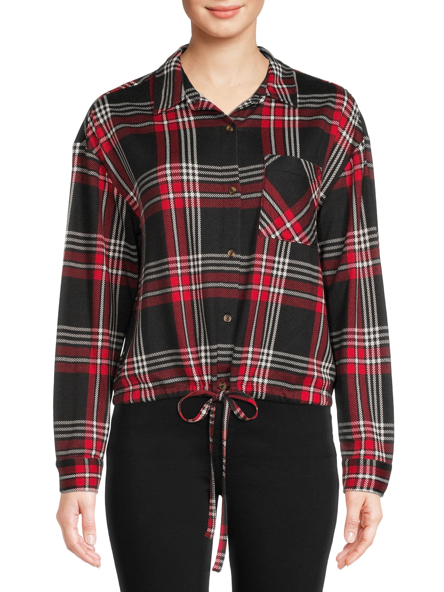 No Boundaries Juniors Knit Plaid Shirt