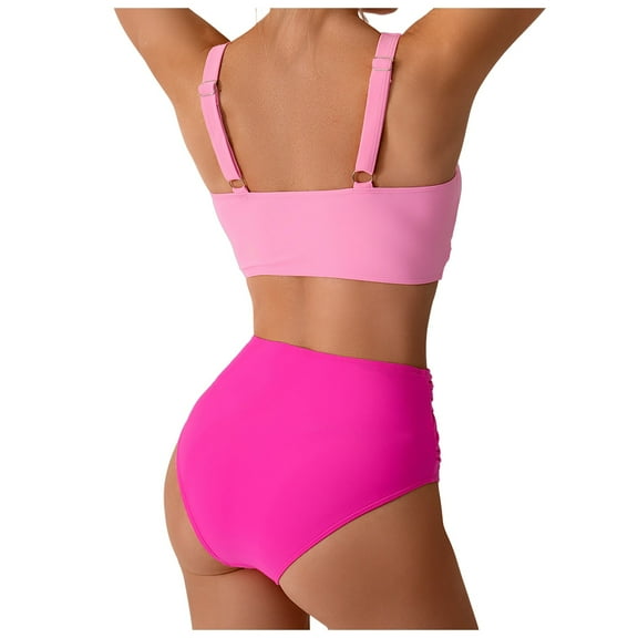 Huesdet Two Piece Flounce Bikini Side Tie Bottom Padded Ruffled Top Swimsuit for Women Cross Back Bathing Suit(Pink,XXL)