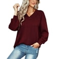 thumbnail image 1 of Gibobby Suéter térmico de manga larga para mujer Mujeres Casual Soild Color Manga larga Crochet Tops V Cuello de punto Jacquard Out Pullover Suéteres (Vino, L), 1 of 5
