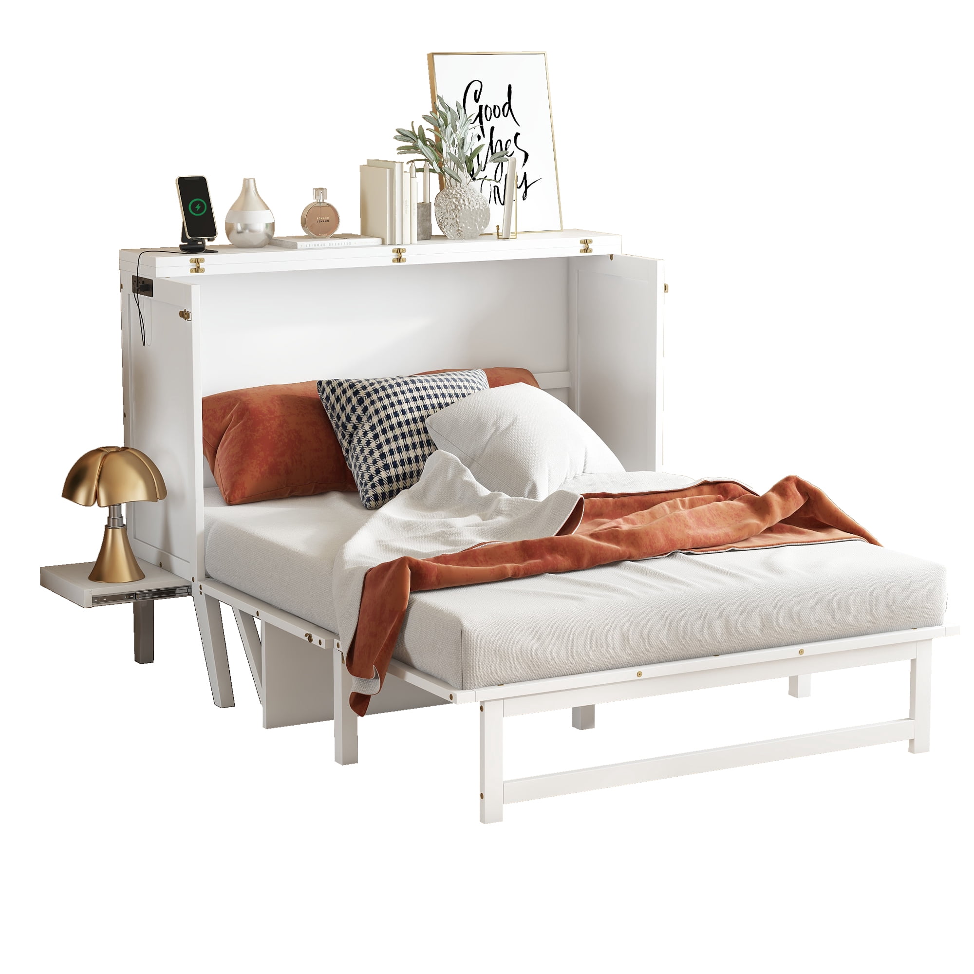 Sailvan Full Size Murphy Bed with USB Port Shelves on Each Side, Solid Pine Murphy Cabinet Bed
