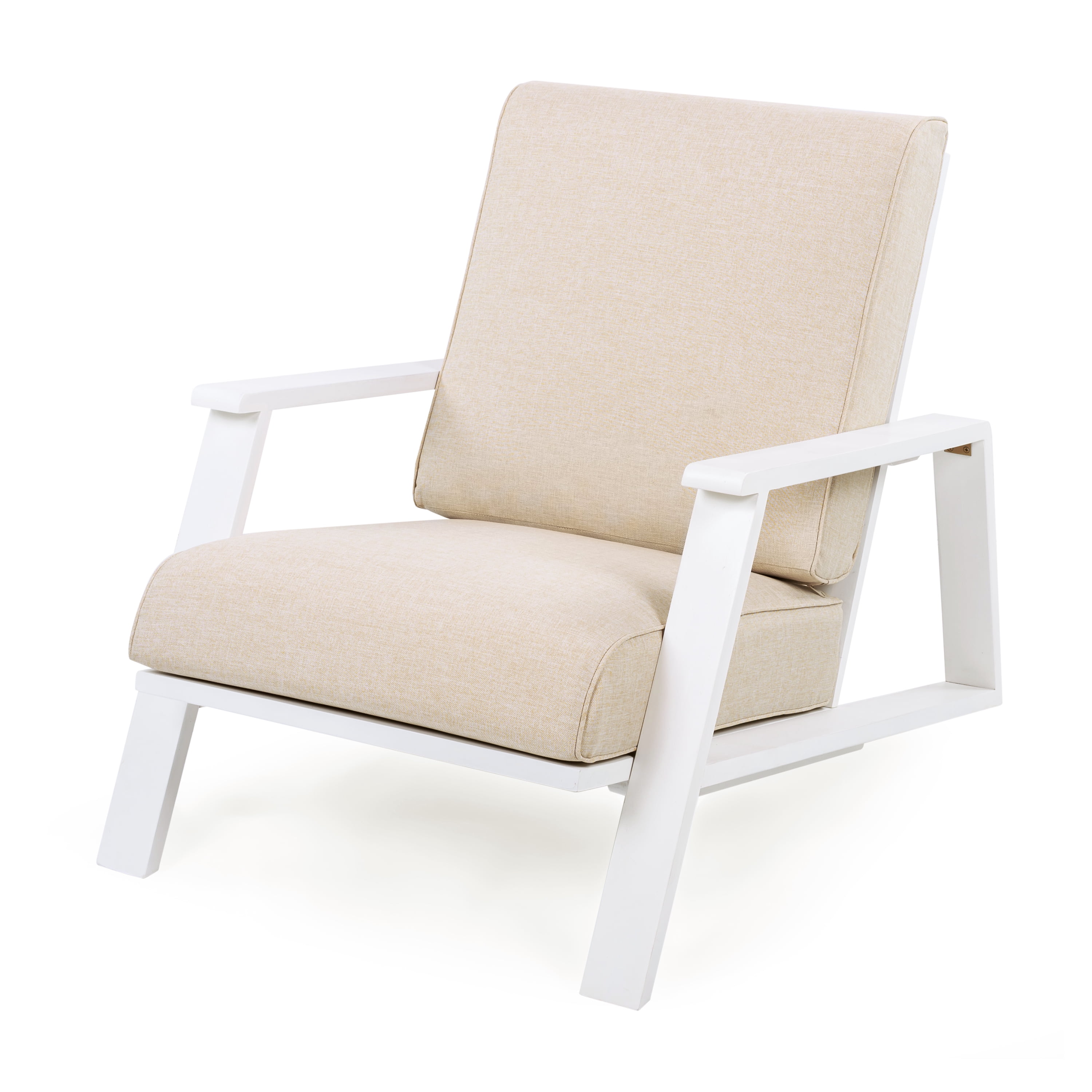 Patio Lounge Chair Outdoor Club Chair with Beige Cushion and White Acacia Wood Frame for Porch Garden, White