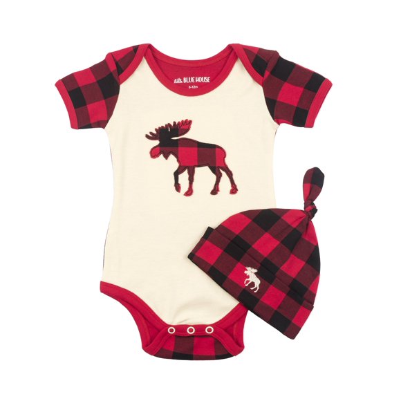 Little Blue House by Hatley Baby Boys' Bodysuit & Cap, Plaid Moose, 3-6 Months