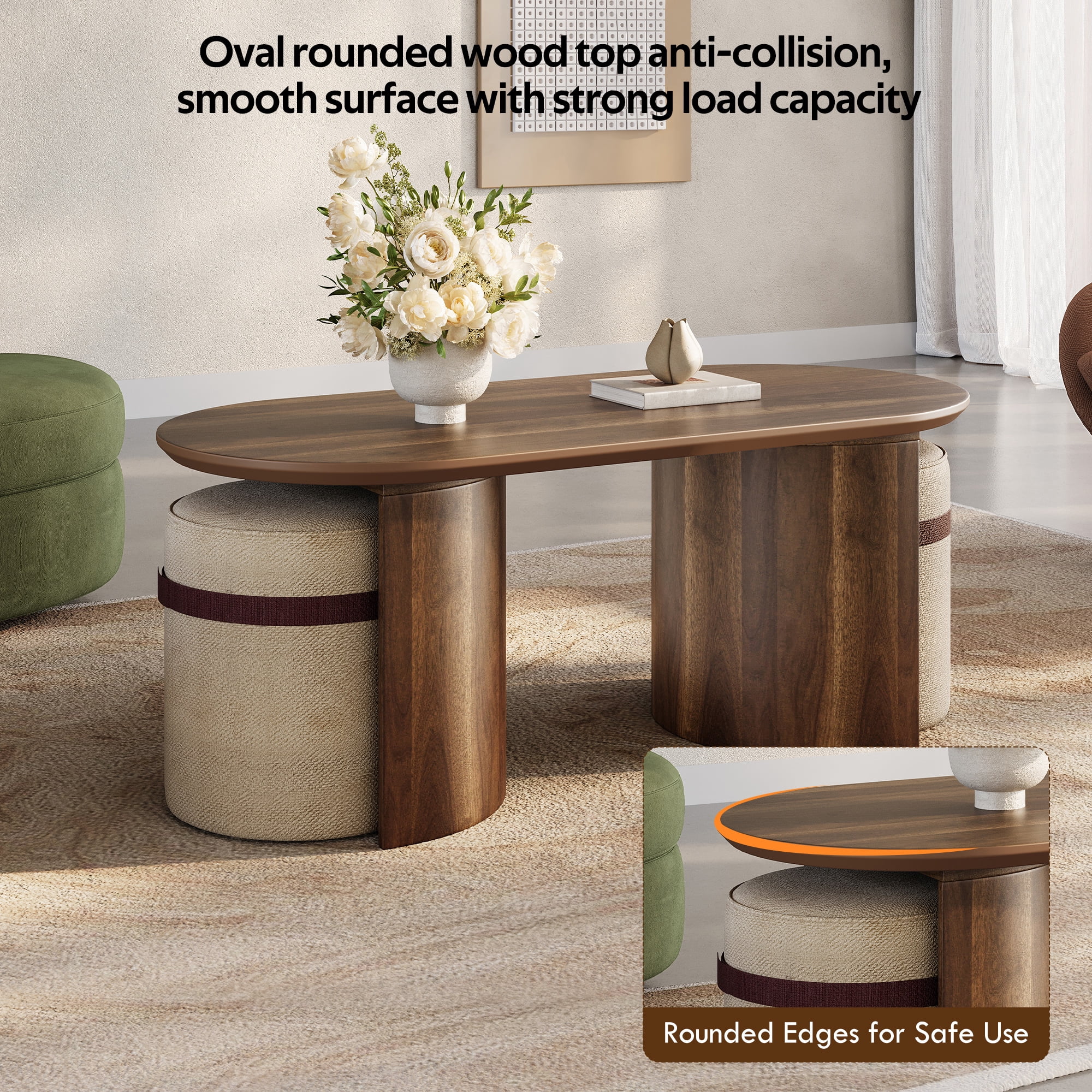 Oval Coffee Table Set 42.71 Inch, Wooden Center Table with 2 Matching Fabric Poufs for Living Room Reading Corner, Brown